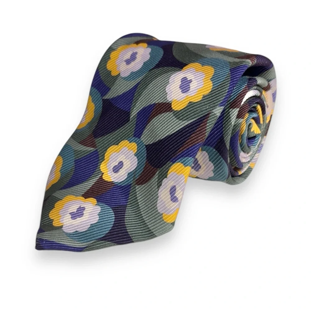 YSL Rive Gauche Purple Yellow Floral Ribbed Silk Tie